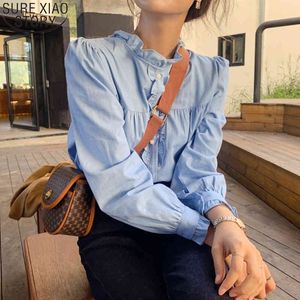 Koreaanse Chic Blue Blouse Ruches Dames Tops Losse Lange Mouwen Button Up Sweet Stand Collar Geplooid Shirt Dames Blusas 12721 210417