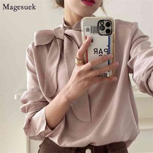 Camiseta de manga larga de arco elegante coreano Rink Pink Elegant Women Women Blouses Casual O-Choast Office Ladies Tops Mujer 12482 210512