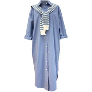 Coréen Chic Casual Mode Tempérament Turn-Down Collier Châle Chemise à manches longues Robe Femmes Summer Blue Robe 16W1083 210510