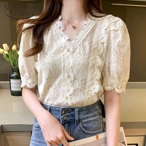 Koreaanse chique gehaakte kant chiffon blouse vrouwen zomer vintage korte bladerdeeg vrouwen shirt v-hals effen dames tops 13956 210528