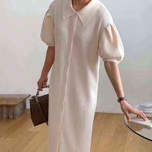 Robe chic coréenne revers minimaliste simple boutonnage mince plissé lâche robe de longueur moyenne Y1204