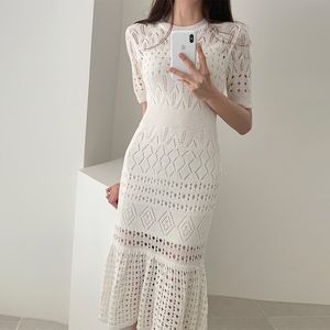 Coréen Chic évider tricoté été élégant femmes à manches courtes col rond pull à tricoter femme midi robe de sirène 210416