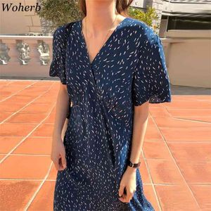 Koreaanse chic maxi jurk vrouwen zomer korte mouw v-hals bloemen gedrukt vestidos elegante losse hoge taille vintage jurken 210519