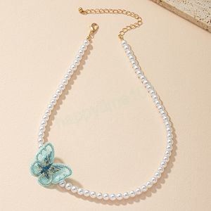 Coréen Chic Colliers Blanc Simulé Perles Perles Broderie Papillon Collier Ras Du Cou Femmes Bijoux De Fête