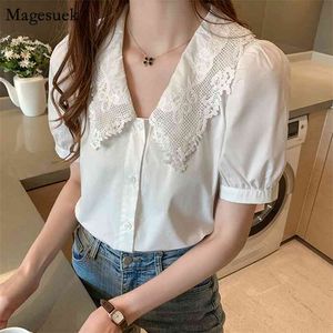 Coréen Chic Bouffée À Manches Courtes Femme Chemise Blouses Blanc D'été Tops Femmes Col Rabattu Broderie Floral Chemises Décontractées 13977 210512