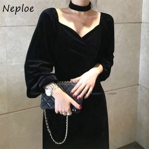Koreaanse chic sexy v-hals slim fit jurk herfst elegante casual zacht femme vestidos hoge taille zwarte vrouwen 1G859 210422