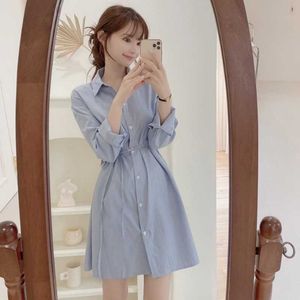 Koreaanse chic eenvoudige slanke blauwe lange mouw revers gestreepte shirts jurk vrouwen mini casual ol fashion vestido feminino wild 210610