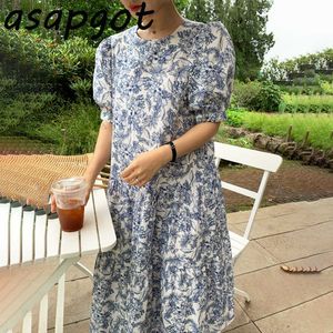 Koreaanse chique zomer retro schets print jurk casual ronde hals losse bubble korte mouw jurk vrouwen rufles hand geschilderd 210610