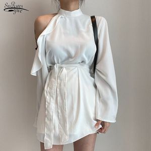 Koreaanse chique vintage blouse vrouwen off shoulder ruche tops stand kraag veter taille lange mouw shirt losse 12090 210521
