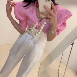 Koreaanse chique vintage zoete jumpers roze v-hals bladerdeeg mouw cardigan jas snoep kleur korte mouw trui zomer gebreide shirts 210610