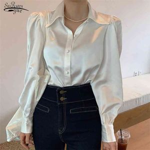 Coréen Chic Femmes Chemisier Lâche Satin Bouton Bulle Manches Chemise À Revers Élégant Tops Rose Blusas Mujer 12635 210521