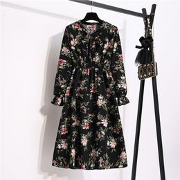 Korean Chiffon Spring Summer Dres Vintage Floral Gedrukt V-Neck Elastische taille Fashion Beach Midi Sundress Vestidos 220311