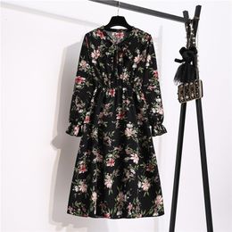 Korean Chiffon Spring Summer Dres Vintage Floral Printed V-Neck Elastic Taille Fashion Beach Midi Sundress Vestidos 220516