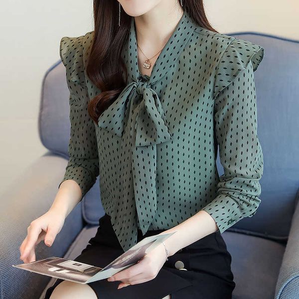 Coréen en mousseline de soie femmes Blouses femme à pois chemises volants hauts grande taille imprimé chemise nœud papillon haut XXL 210604