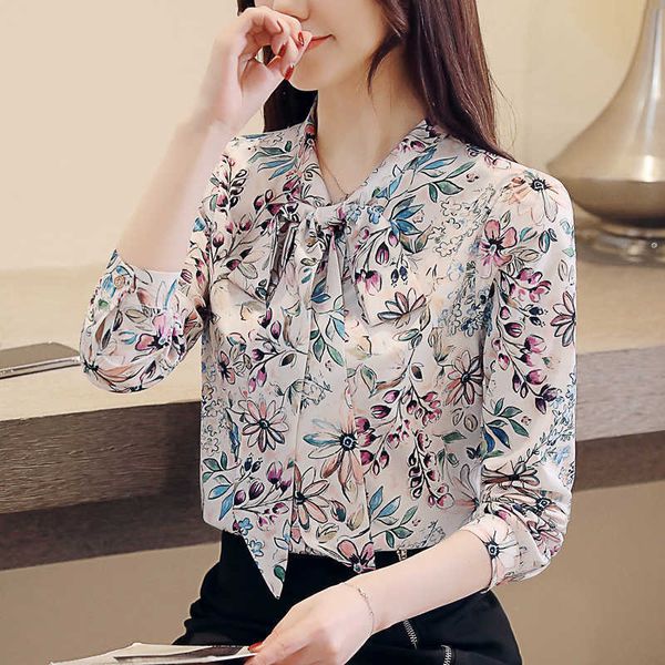 Coréen en mousseline de soie femmes chemises à manches longues Blouses hauts bureau dame haut imprimé grande taille décontracté femme Floral Bow 210531