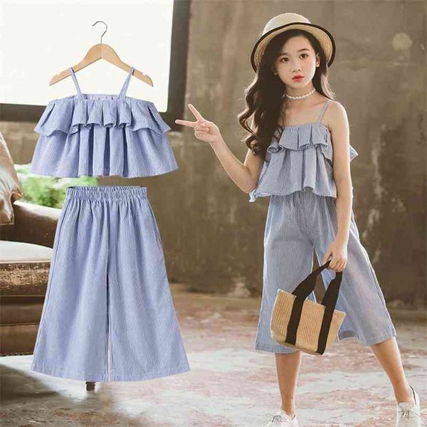 Conjunto de ropa coreana para niños, camisas sin espalda de verano y pantalones de pierna ancha para adolescentes, trajes de cumpleaños de dos piezas con rayas azules, 12 años 210622