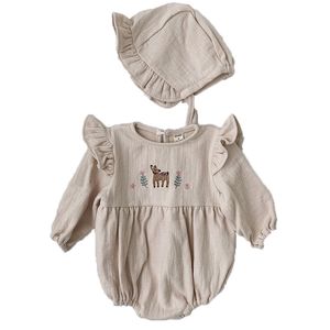 Vêtements pour enfants coréens printemps bébé Bodys bois oreille dentelle triangle escalade infantile justaucorps 210515