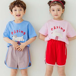 Korean Clothing 2023 Zomer Kindercartoon Gedrukte T-shirt Sports shorts Tweedelige set voor broers en zussen