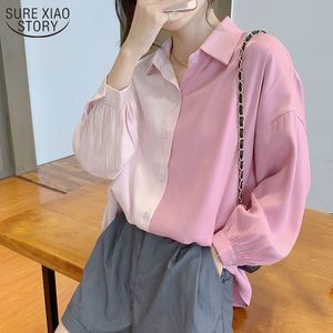 Koreaanse kleur gestitched shirt vrouwen herfst bladerdeeg roze mode blouses single breasted revers blouse 12127 210508