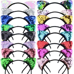 Diademas coreanas cruzadas con borde Popular Bowknot Animal Flip Lentejuelas de doble cara Banda para el cabello con orejas de gato Tocados de tela para fiestas para mujeres