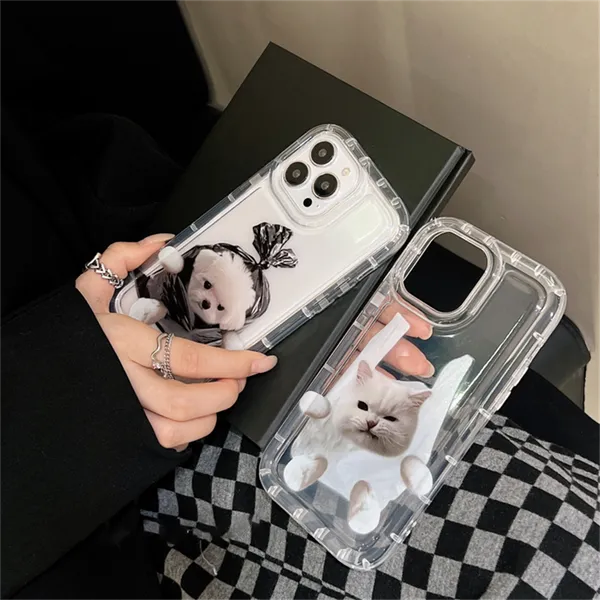 Funda transparente coreana con bonito gato y cachorro en 3D para iPhone, Funda suave a prueba de golpes para iPhone 14, 13, 12, 11 Pro Max, X, XR, 7, 8 Plus