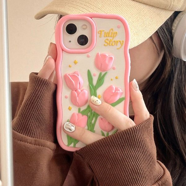 Coque de téléphone coréenne en silicone, jolie coque de Protection antichoc en silicone avec fleurs de tulipes roses 3D pour iphone 15 14 13 12 11Pro Max
