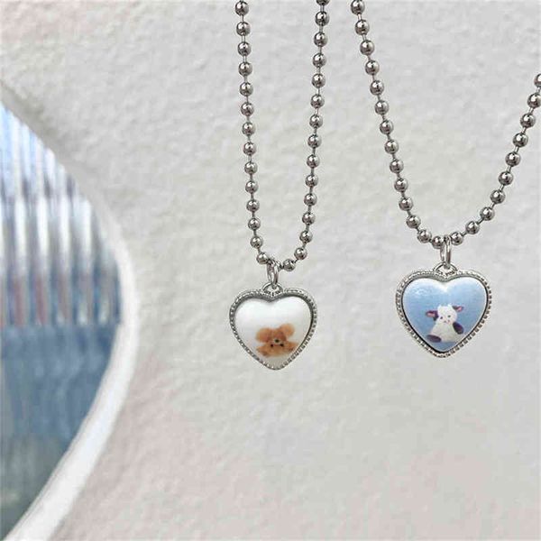 Coreano lindo oso vacas suéter corazón colgante cuello collar de cadena con cuentas collar kawaii para mujeres niñas Bff pareja joyería de moda G1206