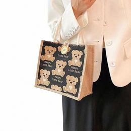 Oso lindo coreano Bolsa de asas de lino Bolsa de almuerzo para viajeros Robusta Durable Wable Gran capacidad Resistente a la suciedad Bolsa de oso beige k3of #
