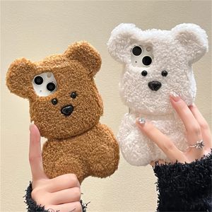 Funda de teléfono de piel de felpa con oso de peluche 3D de dibujos animados coreanos para iPhone 15 14 13 12 Pro Max 11, funda suave divertida y elegante a prueba de golpes