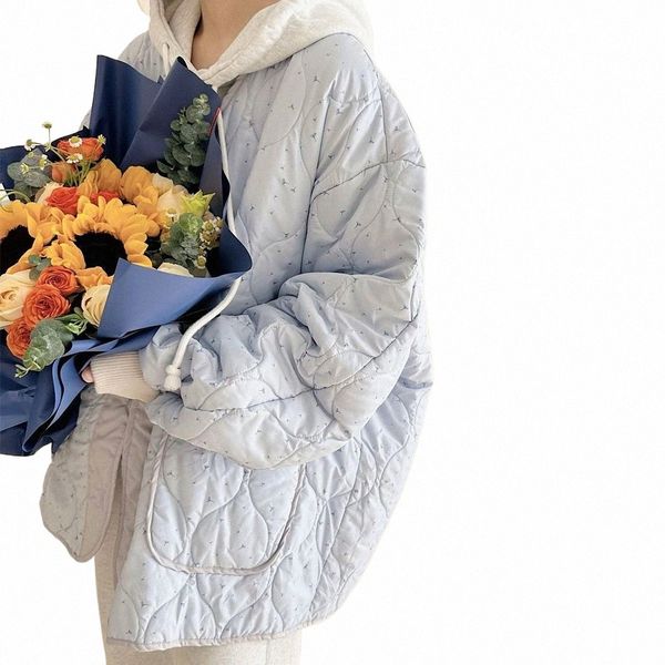 Coréen mignon imprimé floral vestes à col en V pour les filles belles femmes bleu ciel Fr Parkas manteau rembourré Cott vêtements d'hiver en vrac Y62M #