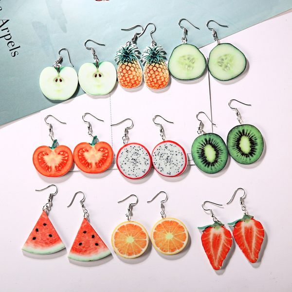 Pendientes coreanos lindos de la gota de la fruta Individualidad Fresa piña sandía manzana naranja Forma de Pitaya Cuelga el anillo de oreja para la joyería de las mujeres