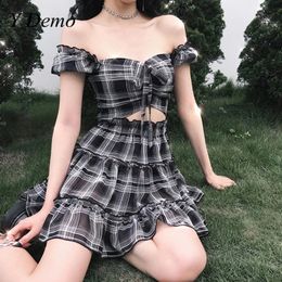 Korean Cute Girl Plaid T-shirt Set Loose Sleece Lace Up Crop Tops High Waist Female A-line Skirt Sweet Women Set 240423