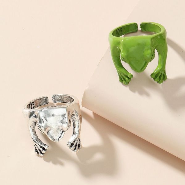 Anillos de dedos ajustables de la rana verde linda coreana para las mujeres adolescentes de las muchachas Punk Fashion Frogs Toad Anillo fresco Hiphop Joyería de animales