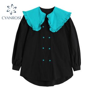 Coréen Double Boutonnage Rétro Blouses Femmes Surdimensionné Baggy Rok Doux Contraste Couleur Chemises À Manches Longues Élégant Blusas Tops 210417