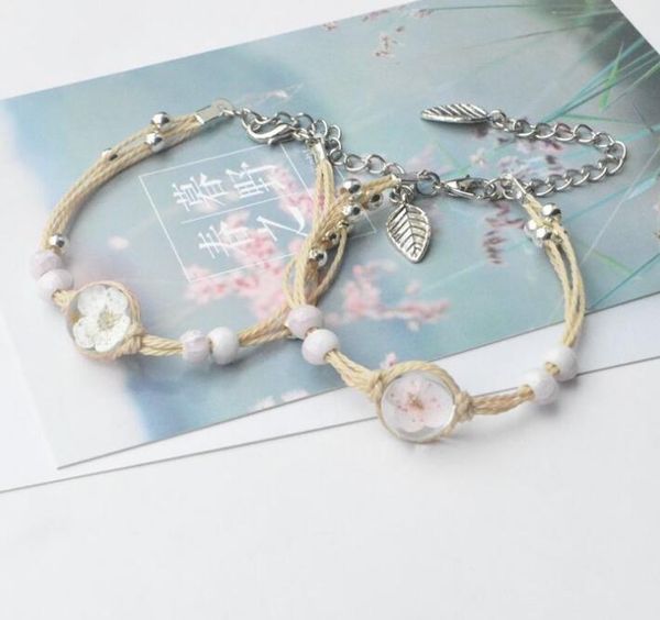 Bracelets coréens élégants pour femmes, fleurs séchées, bijoux, perles, corde à main, chaîne, Bracelet à breloques, vente en gros, adaptés aux écolières