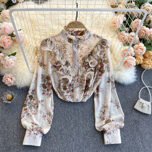 Coréen élégant mousseline de soie chemise à manches longues femmes été doux volants industrie lourde blouse florale plissée femmes hauts 210420