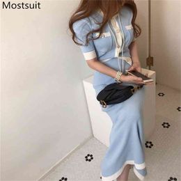Koreaanse elegante gebreide tweedelige sets vrouwen korte mouw vestigans + elastische taille lange rok pakken mode dames 210518