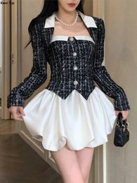 Conjunto de vestido de 2 piezas de Tweed coreano elegante, chaqueta corta negra, abrigo dulce Y2k, minivestidos para mujer, traje de moda de otoño, ropa OL 240223