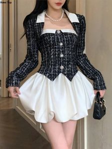 Coréen élégant tweed 2 pièces robes ensemble noir court blaser manteau sweet y2k mini robes femme automne costume de mode ol vêtements 240425