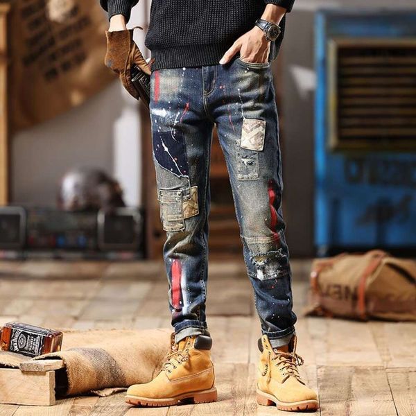 Motifs imprimés patchwork brodés coréens sur patch pour hommes avec trous et éclaboussures d'encre jeans déchirés cool