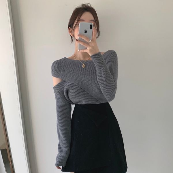 Mode coréenne automne nouvelles femmes hors épaule style croisé tricoté à manches longues pull hauts gris noir 2 couleurs