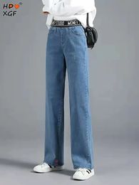 Koreaanse Mode Baggy Wijde Pijpen Broek Casual Looes Elastische Hoge Taille Rechte Denim Broek Dames Vintage Pantalones Y2k Broek 240311