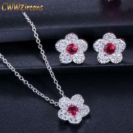 Koreanische Modemarke Damenschmuck Roter Zirkonia Stein Blumenanhänger Halskette und Ohrring-Sets für Frauen T137 210714227q