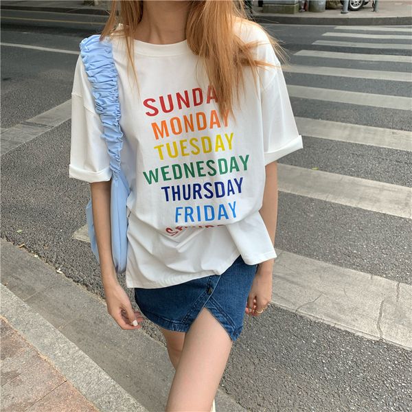 Mode coréenne CasualFunny Coton Manches courtes Femmes T-shirt Dimanche Lundi Mardi Mignon Kawaii Lettre colorée Imprimer GraphicTop 210518