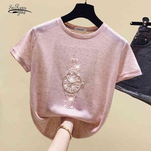 Koreaanse mode clohthing t-shirt vrouwen zomer diamanten korte mouw tops vintage vrouwelijke t-shirt top Casul Basic Tee 9640 210521