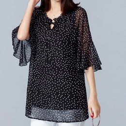 Koreaanse Mode Kleding Chiffon Blouse Dames Bow Dot Plus Size Shirts Shirt Dames Tops Butterfly Sleeve 2969 50 210415