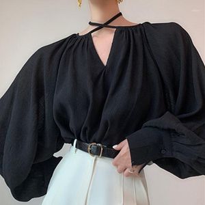 Mode coréenne vêtements dames manches longues bouffantes licou chemise noire évider haut femmes automne élégant OL lâche blouse décontractée femmes