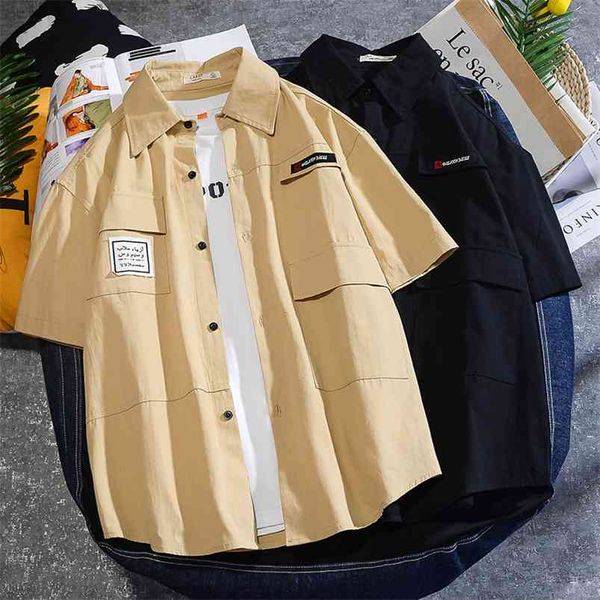 Ropa de moda coreana para hombre, camisa de dragón de manga corta de Color sólido para hombre, camisa de verano para hombre con botones, Chemise Homme Man 210721