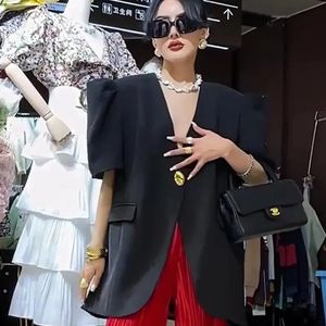 Koreaanse modeontwerper korte mouw blazer vrouwen vneck bubble single knop jas zomer casual top 240417