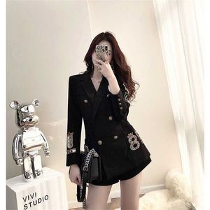 Koreaanse mode elegante casual slanke lente herfst vrouwen 2 stuks set lange mouw pocket harajuku blazer shorts broek vrouw 211122